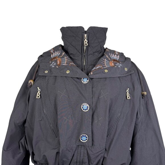 Bogner Womens Black Nylon Embroidered Hooded Jacket Stylish Winter Coat Size 12 - Picture 4 of 16